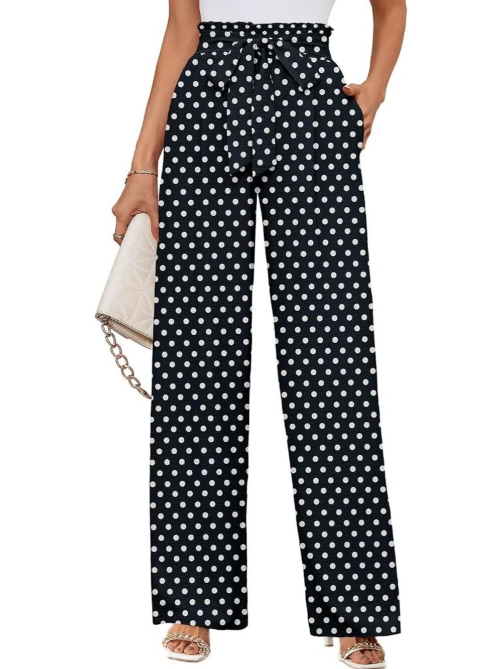 Women's Polka Dots Black Wide Leg Pant High Waisted Tie Knot Loose Comfy Casual